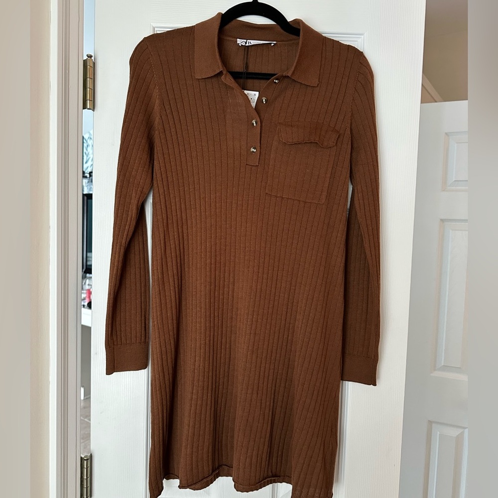 Brown Ribbed Polo Knit Dress. NWT